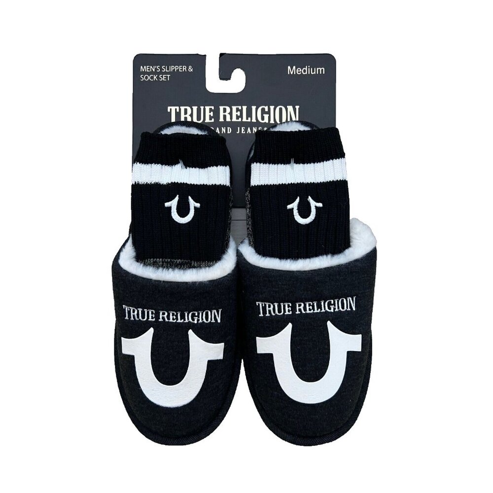 True Religion Horseshoe House Slippers & Sock Set Black ( M )